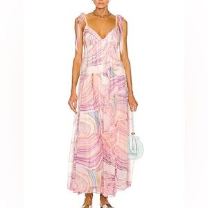 $535 NWT Peach Rococo Sand “Eira” Swirl Maxi Chiffon Dress Sz Medium